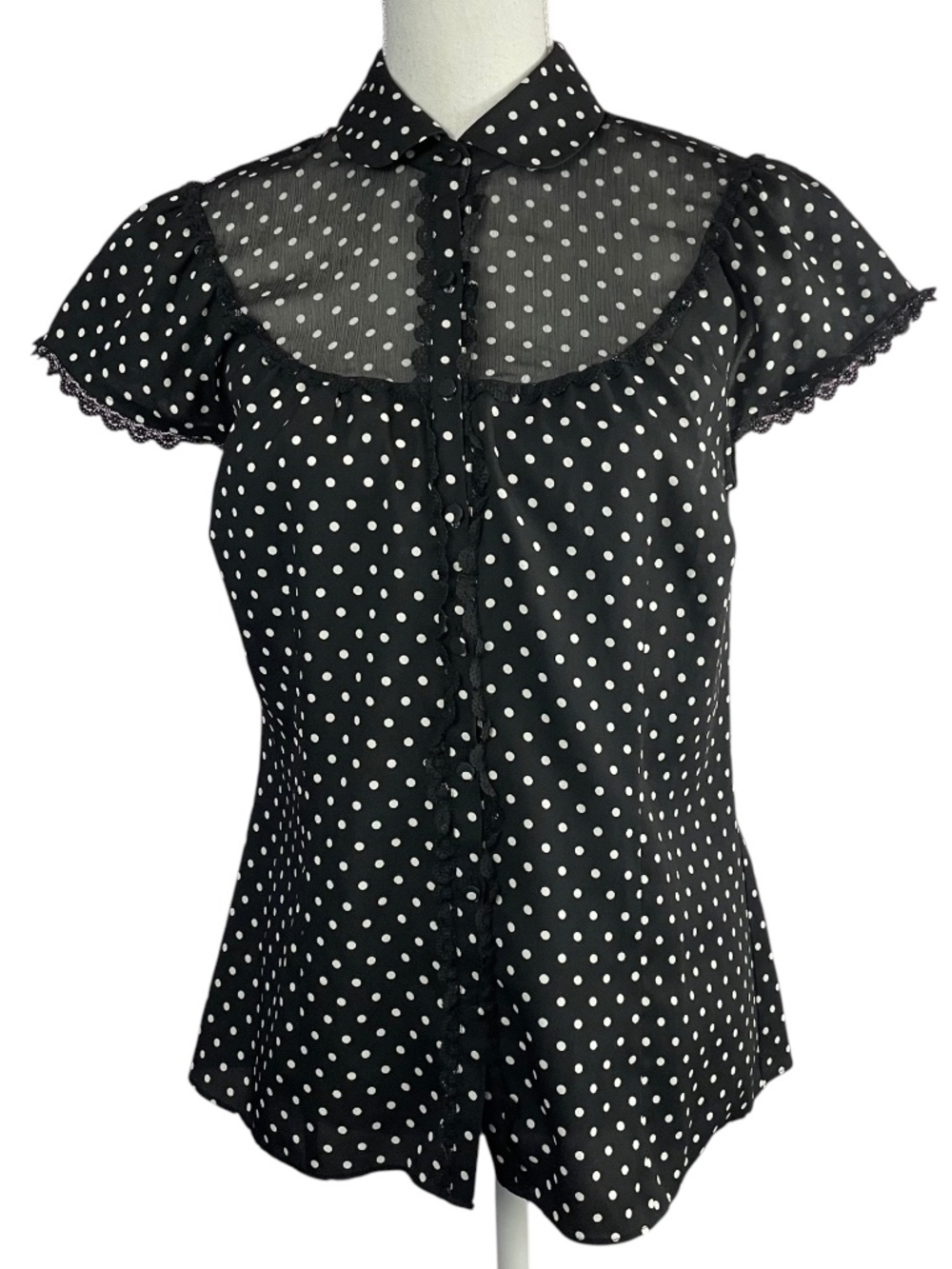 Lace Trim Polka Dot Blouse 8 Rockabilly Retro Mod Ann Taylor Chiffon Cap Sleeve